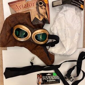 Aviator Halloween costume accessories - Brown Cap, Googles, Scarf, & Suspenders